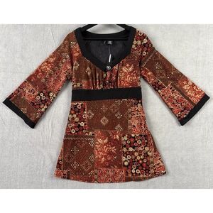 NWT New Directions Blouse Women L Red Black Gold Patchwork Boho‎ Hippie 70s Vibe